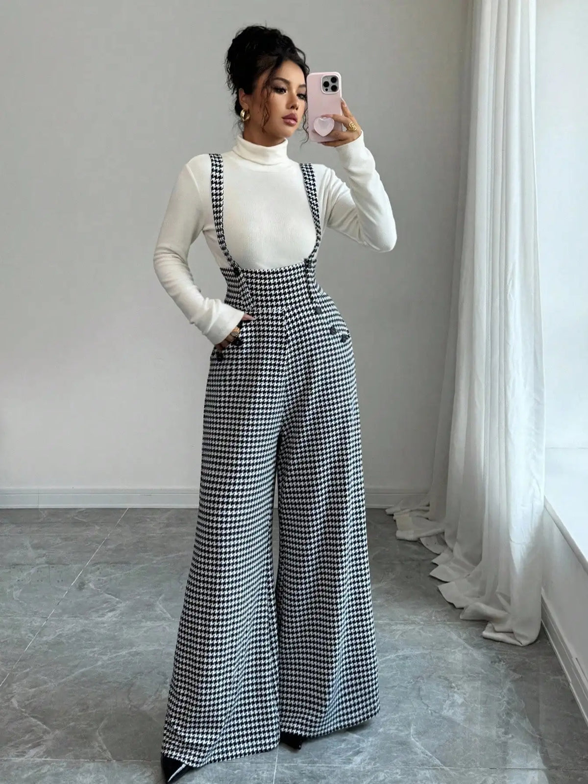 Overalls for Women'S Winter Jumpsuit Black White Vintage Wide Leg Suspender Pants for Office Commute Casual Female Clothing