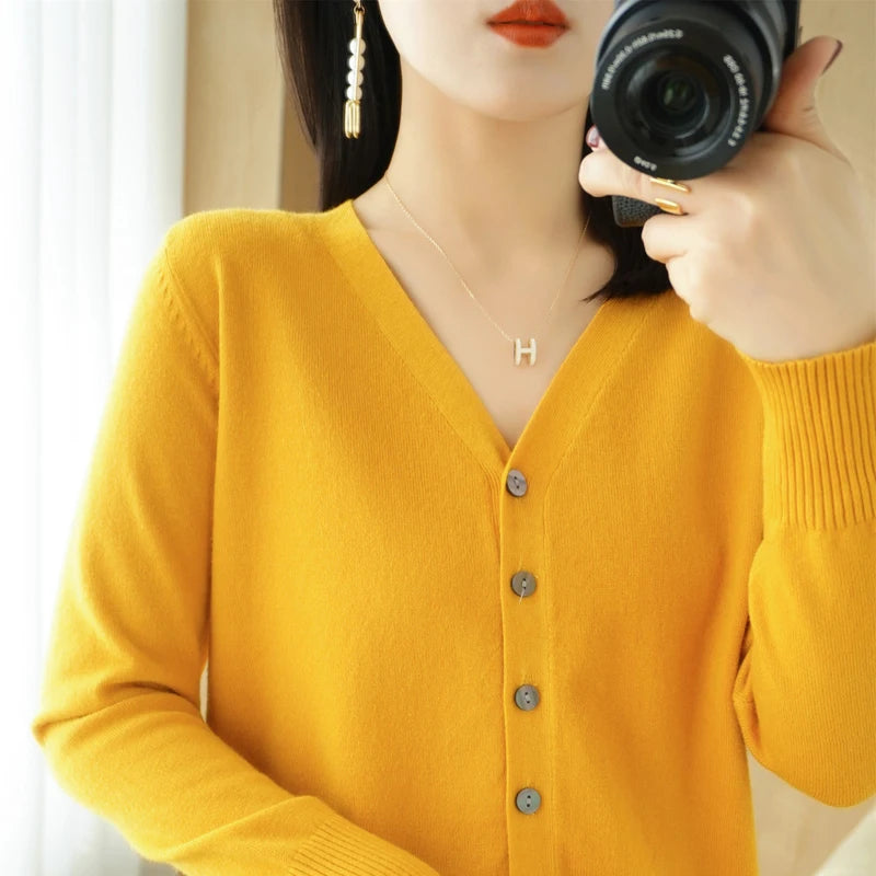 Early Autumn New Andy Cashmere Knit Cardigan V-Neck Solid Color Fashion High-Grade Comfortable Loose Casual Knitwear -GH021