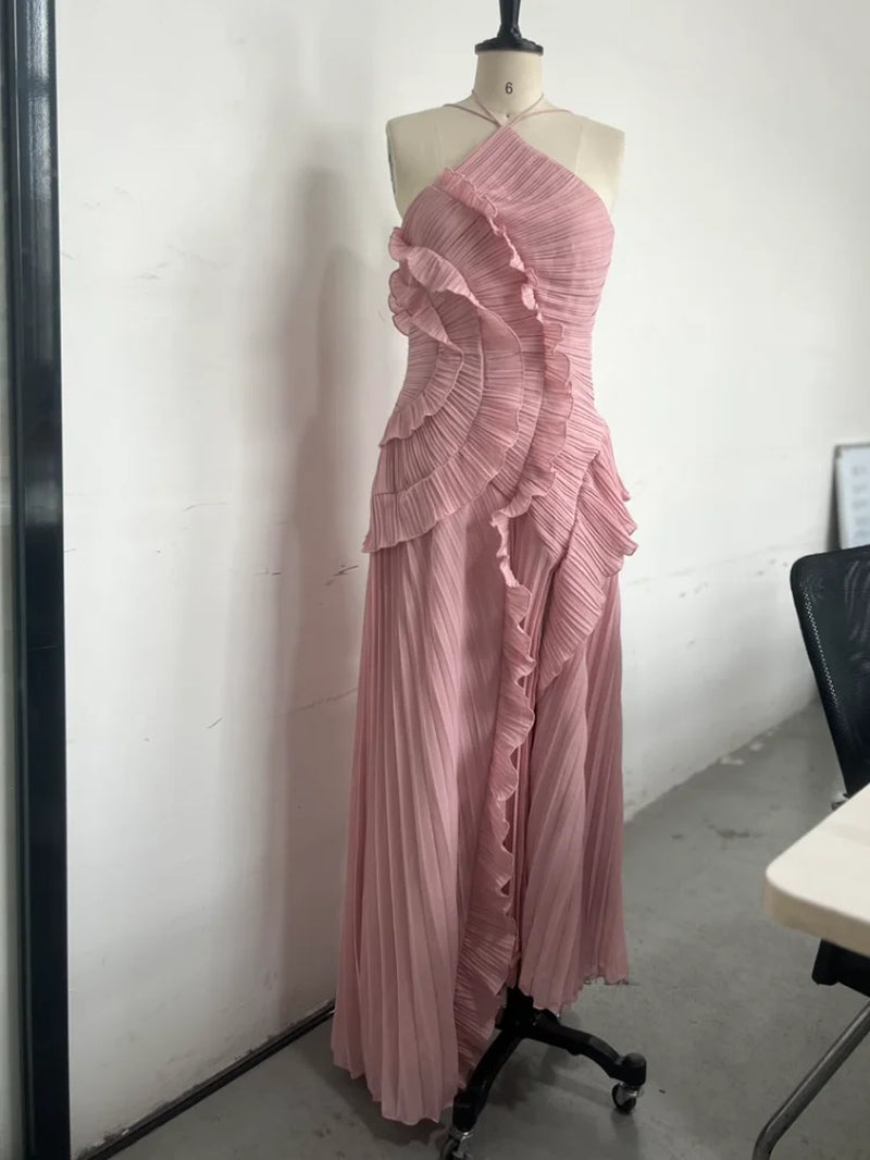 Chic Pleated Halter Neck Long Vacation Dress High Quality Purple Strapless Lotus Edge Maxi Dress 2026 New Lady Vacation Gowns