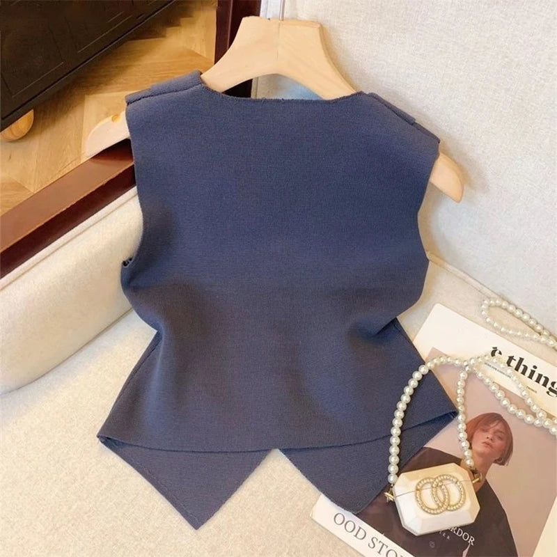 Women'S French Temperament V-Neck Sleeveless Slim Fit Knitted Vest Single Breasted Elegant Style