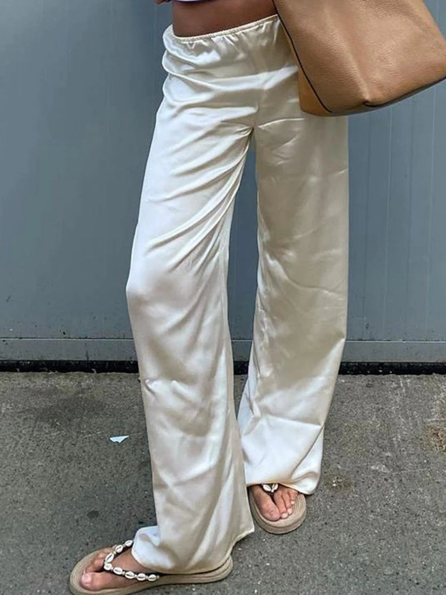 Chic Satin Wide Leg Dress Pants Women'S Stylish Elastic Waist Loose Fit Long Trousers for Streetwear Work Solid Color