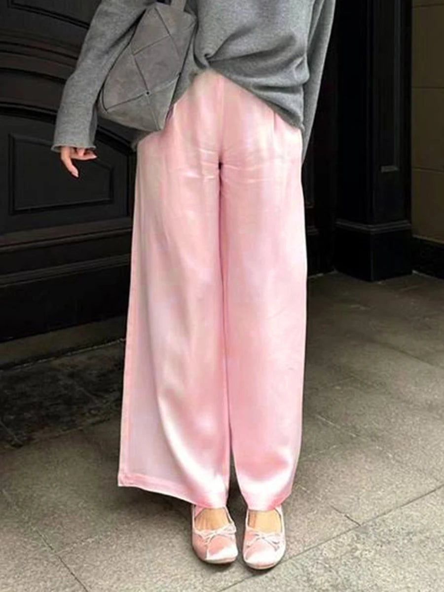 Chic Satin Wide Leg Dress Pants Women'S Stylish Elastic Waist Loose Fit Long Trousers for Streetwear Work Solid Color