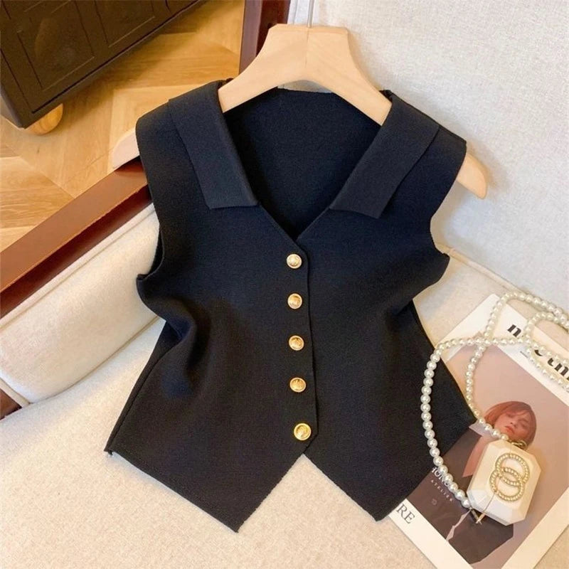 Women'S French Temperament V-Neck Sleeveless Slim Fit Knitted Vest Single Breasted Elegant Style