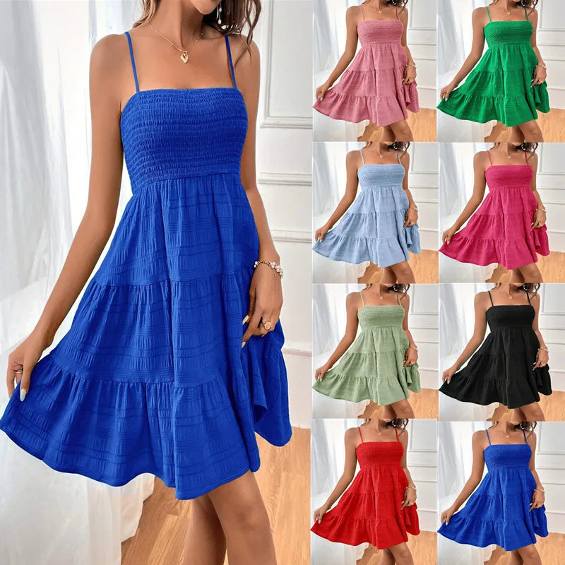 Women'S Fashion Spaghetti Strap Smocked Bustier Mini Dress Blue Ruffled Tiered Swing Dress Summer Casual Vacation Beach Wear