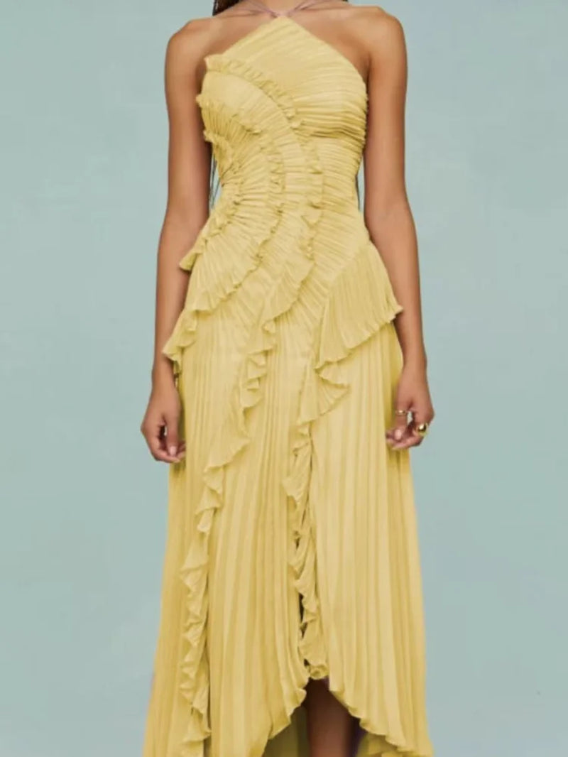 Chic Pleated Halter Neck Long Vacation Dress High Quality Purple Strapless Lotus Edge Maxi Dress 2026 New Lady Vacation Gowns