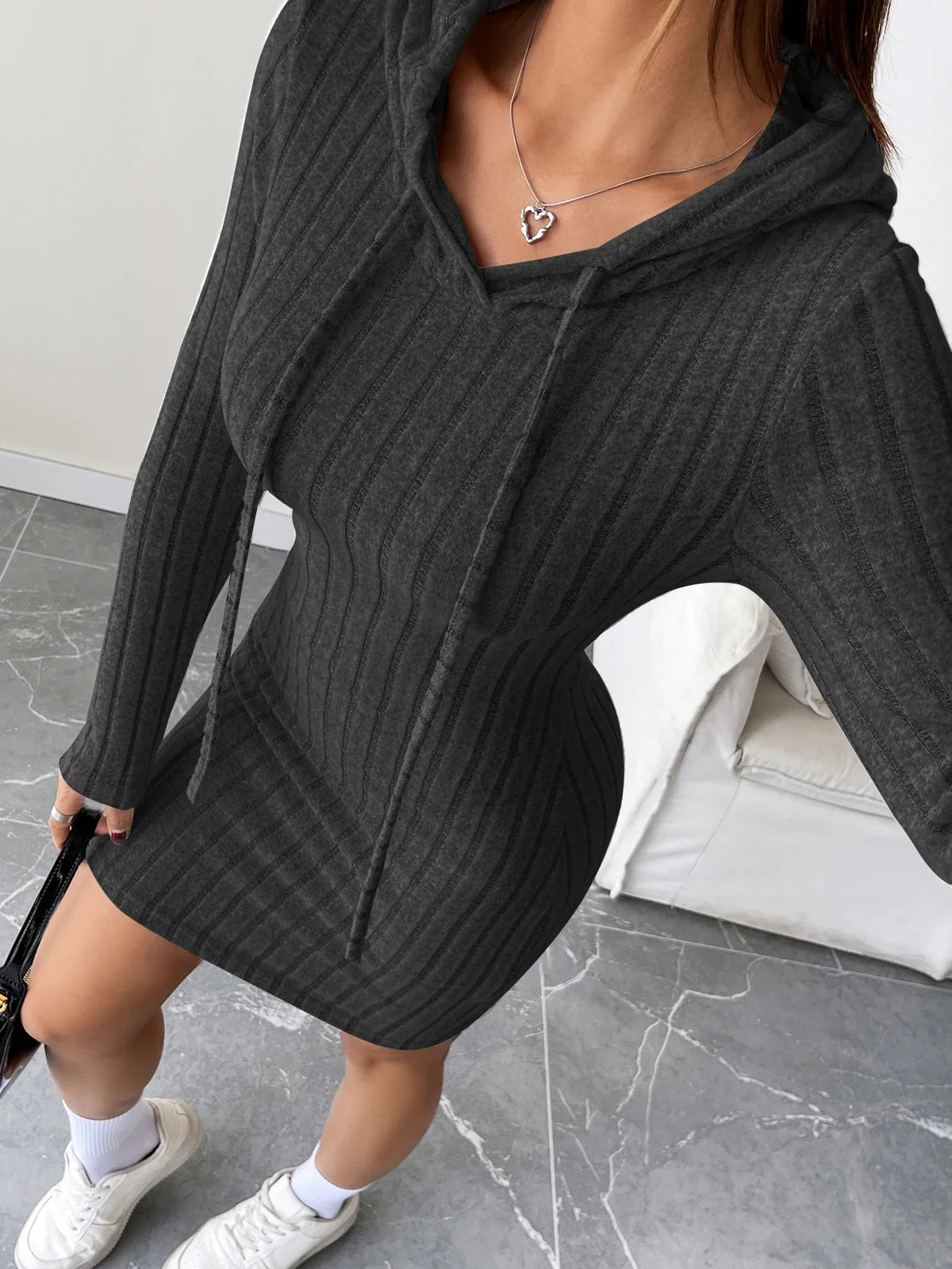 Trendy Ribbed Knitted Hooded Slim Fit Dress with Drawstring - Comfortable Casual Style for Women