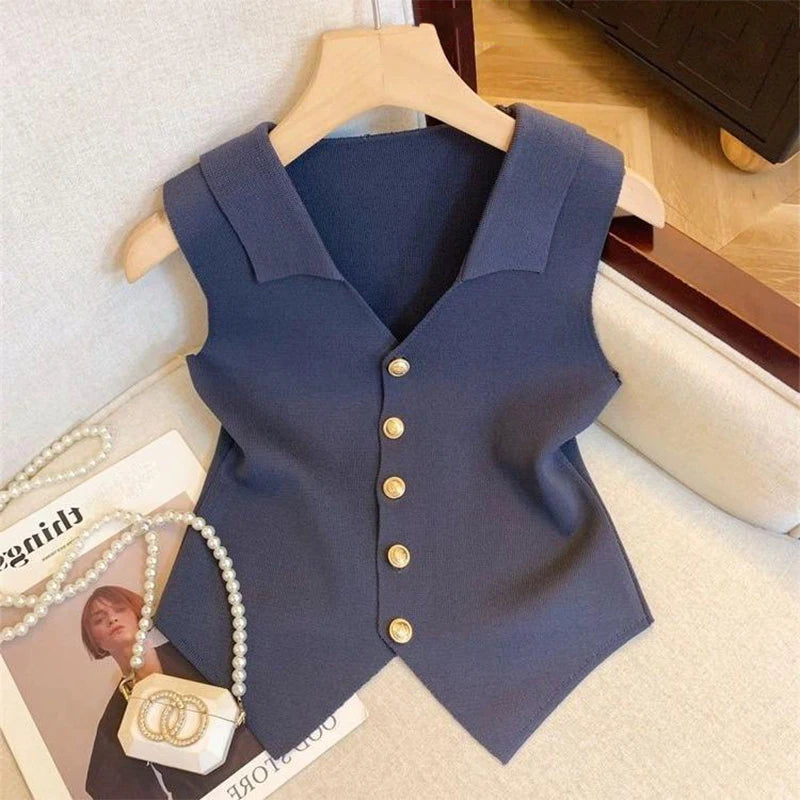 Women'S French Temperament V-Neck Sleeveless Slim Fit Knitted Vest Single Breasted Elegant Style