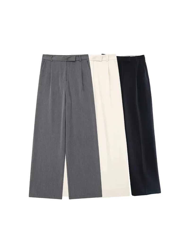 Women Fashion Solid Front Zipper Straight Pants Vintage High Waist Full Length Female Chic Lady Trousers