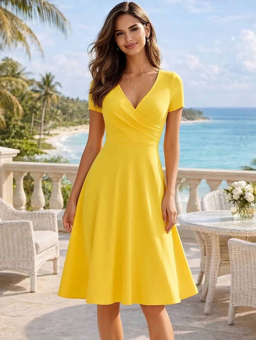 Women'S Elegant round Neck Summer Short Sleeve Solid A-Line Knee-Length Dress High Waist Swagger Party Wedding Casual Departure