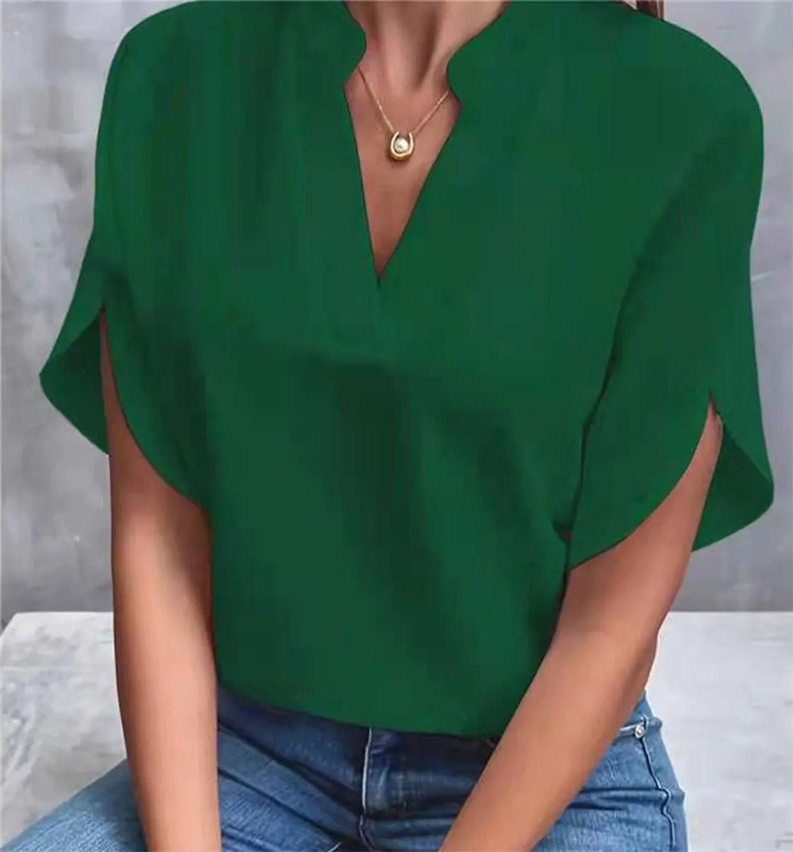 V Neck Chiffon Short Sleeve Blouse