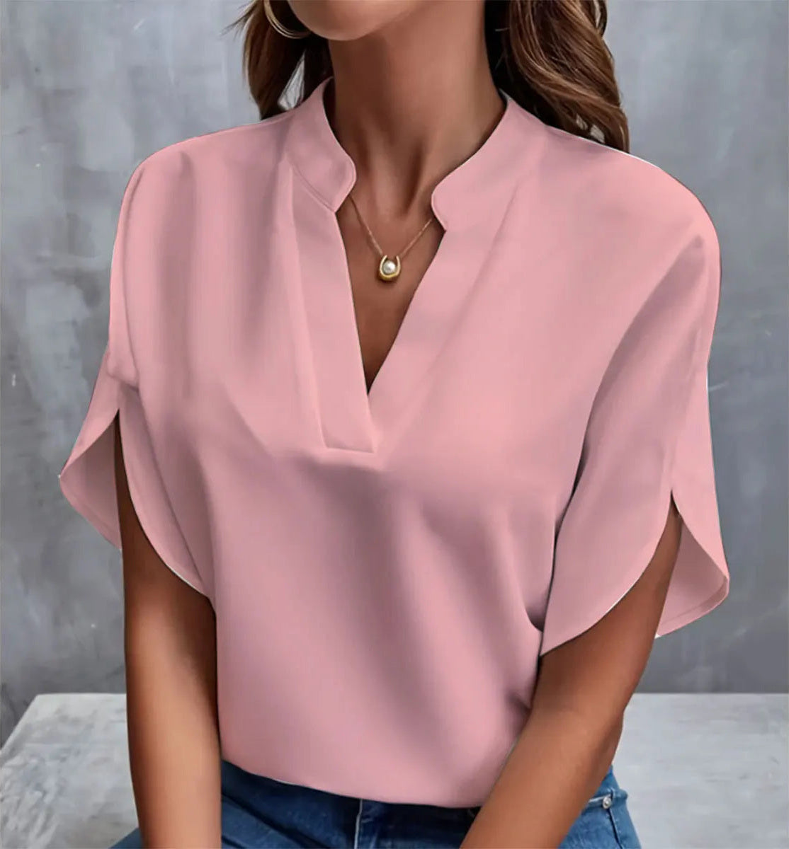 V Neck Chiffon Short Sleeve Blouse