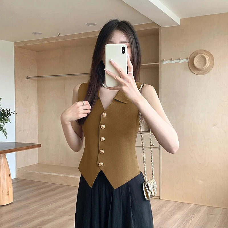Women'S French Temperament V-Neck Sleeveless Slim Fit Knitted Vest Single Breasted Elegant Style