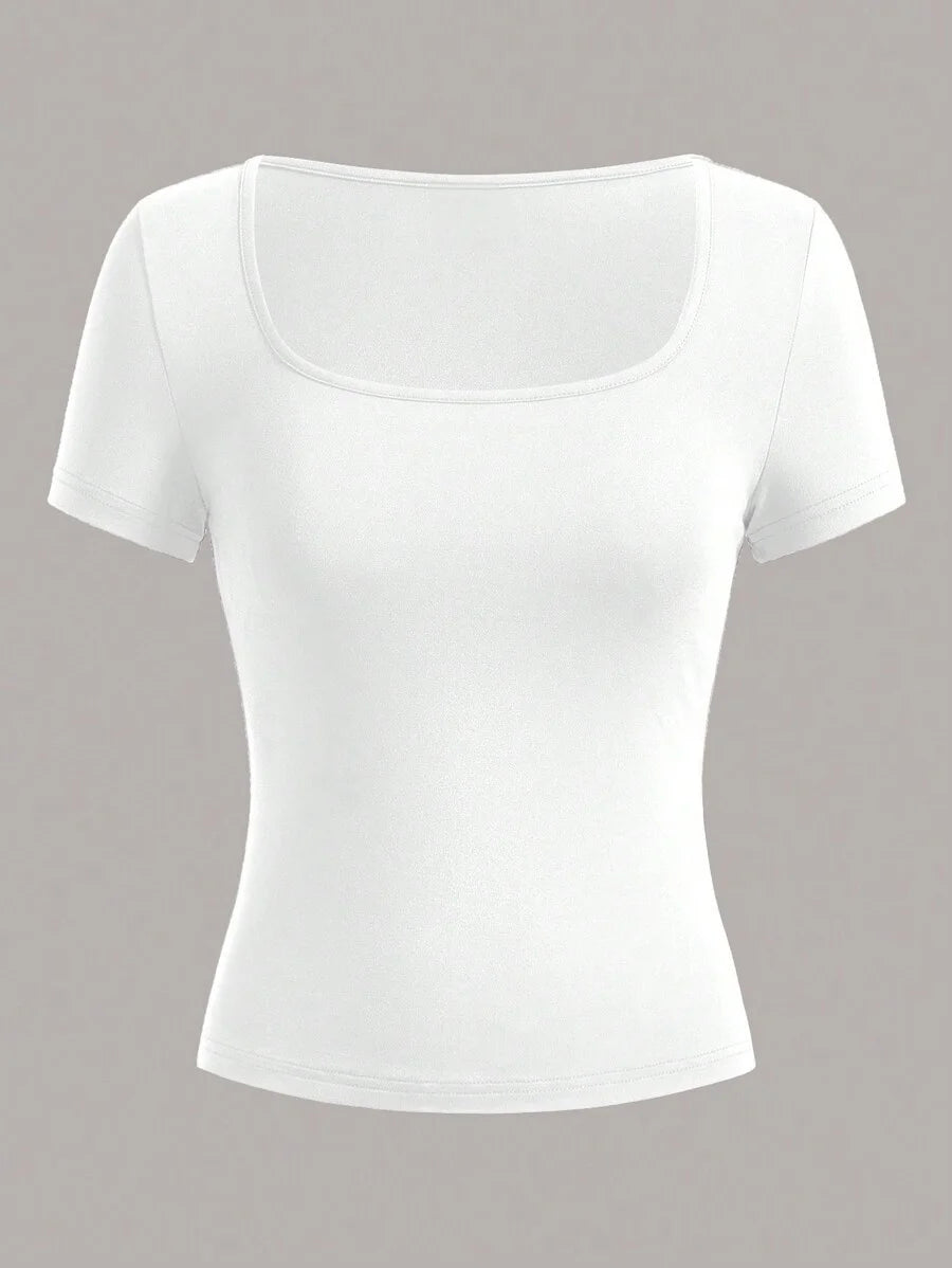 Vibrant Square Neck T-Shirt in Solid Color - Spring and Summer Classic Casual Short Sleeve T-Shirt - Everyday Casual
