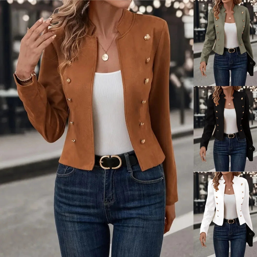 Women'S Cropped Blazer Double Breasted Gold Button Detail Stand Collar Jacket for Casual Office Street Style Wear