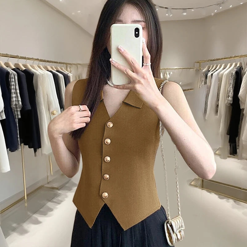 Women'S French Temperament V-Neck Sleeveless Slim Fit Knitted Vest Single Breasted Elegant Style