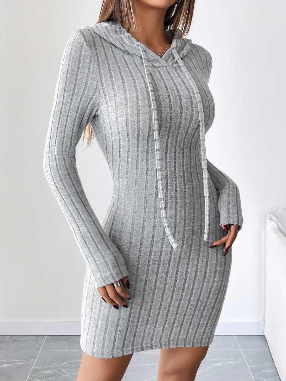 Trendy Ribbed Knitted Hooded Slim Fit Dress with Drawstring - Comfortable Casual Style for Women