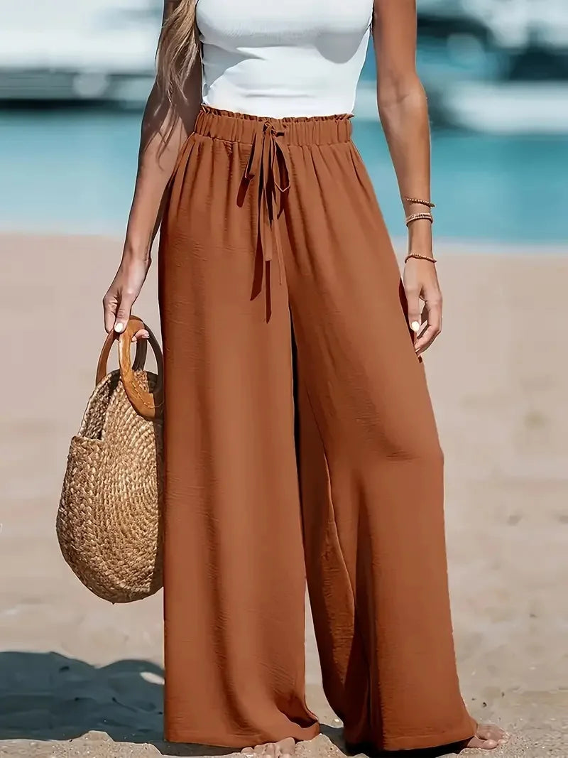 Vacation Style Wide Leg Pants Women'S High Waist Elastic Drawstring Design Loose Dipping Straight Casual Beach Pants