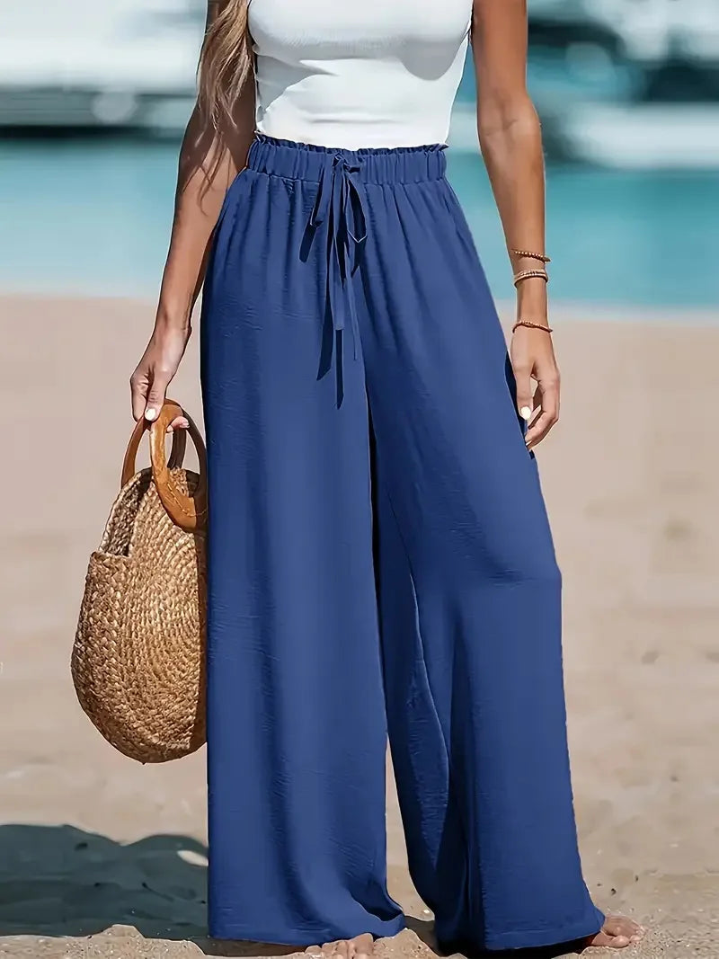 Vacation Style Wide Leg Pants Women'S High Waist Elastic Drawstring Design Loose Dipping Straight Casual Beach Pants