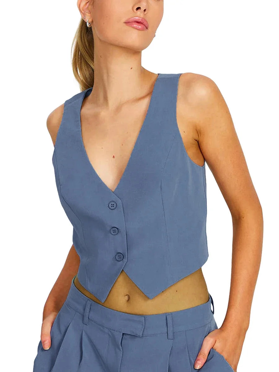 Women'S Fashion Black Sleeveless Vests Casual V Neck Button Waistcoat Formal Business Tuxedo Shirt Slim Fit Cropped Blazer Vests