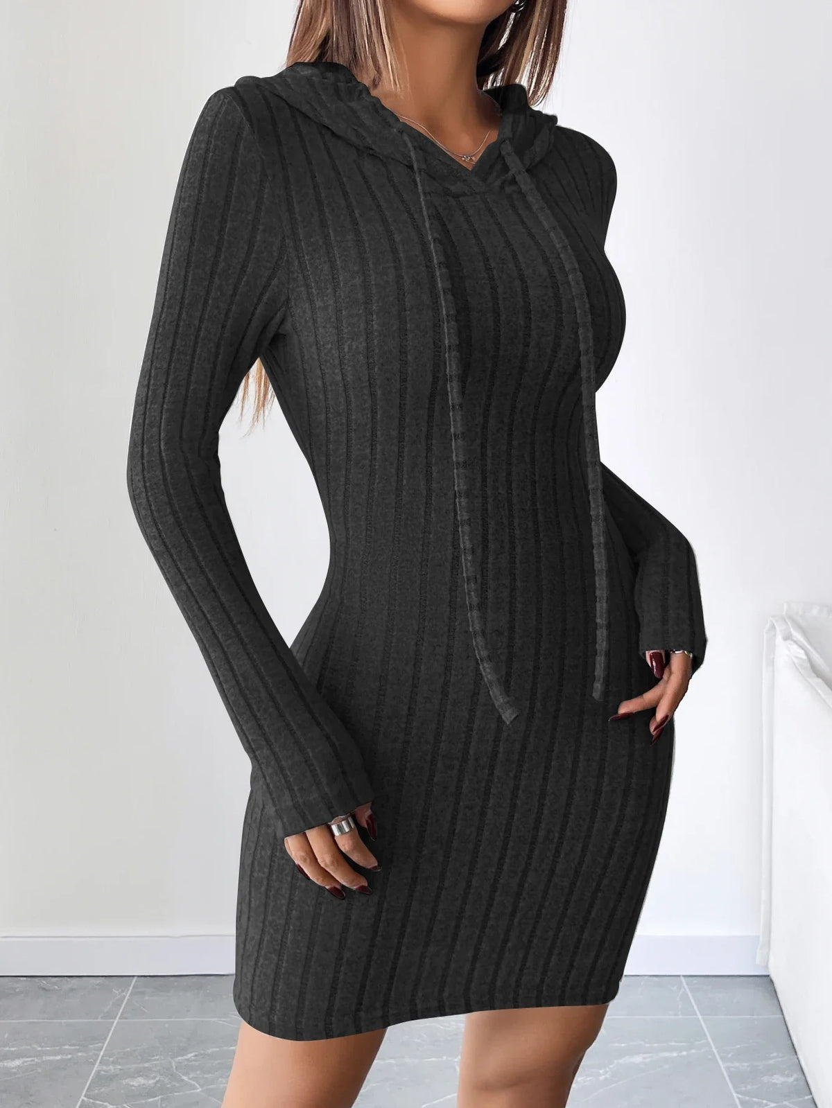 Trendy Ribbed Knitted Hooded Slim Fit Dress with Drawstring - Comfortable Casual Style for Women