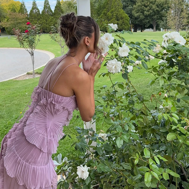 Chic Pleated Halter Neck Long Vacation Dress High Quality Purple Strapless Lotus Edge Maxi Dress 2026 New Lady Vacation Gowns