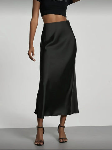Women'S Satin Midi Skirt, High‑Waisted Slim Straight, Elegant Draping, Mature Versatile for Commute, Vacation & Parties