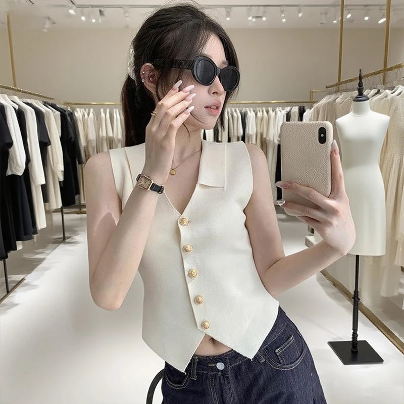 Women'S French Temperament V-Neck Sleeveless Slim Fit Knitted Vest Single Breasted Elegant Style