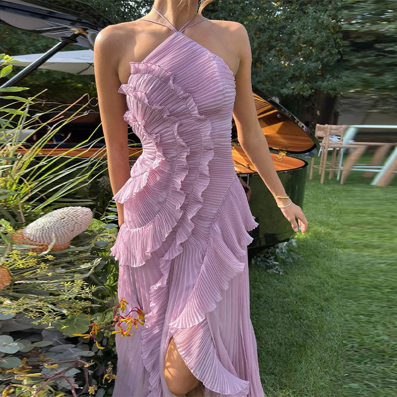 Chic Pleated Halter Neck Long Vacation Dress High Quality Purple Strapless Lotus Edge Maxi Dress 2026 New Lady Vacation Gowns