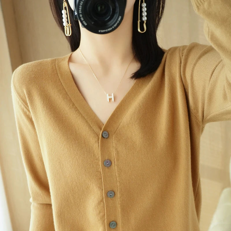 Early Autumn New Andy Cashmere Knit Cardigan V-Neck Solid Color Fashion High-Grade Comfortable Loose Casual Knitwear -GH021