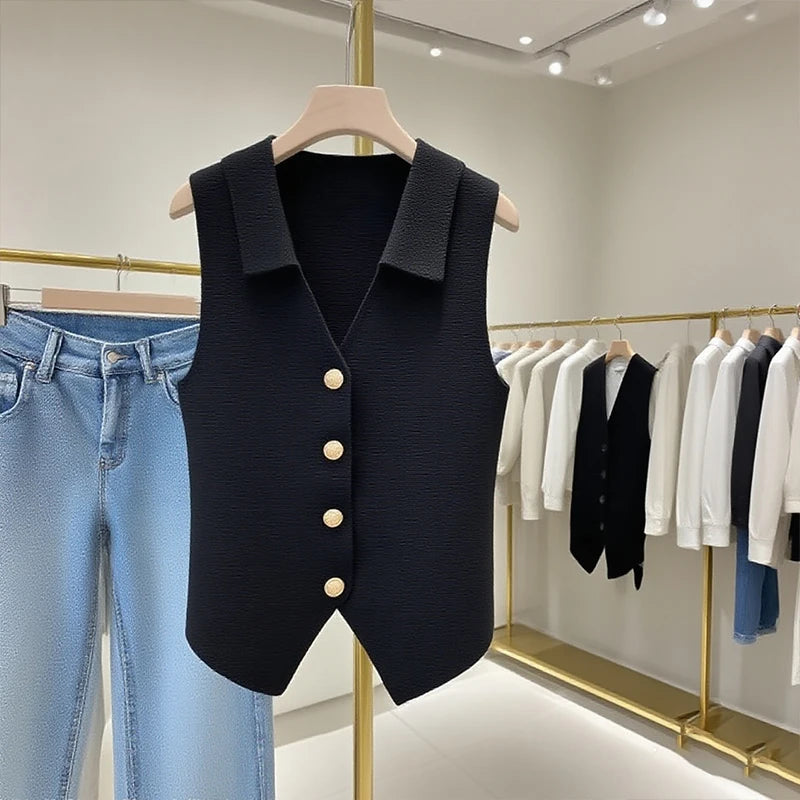 Women'S French Temperament V-Neck Sleeveless Slim Fit Knitted Vest Single Breasted Elegant Style