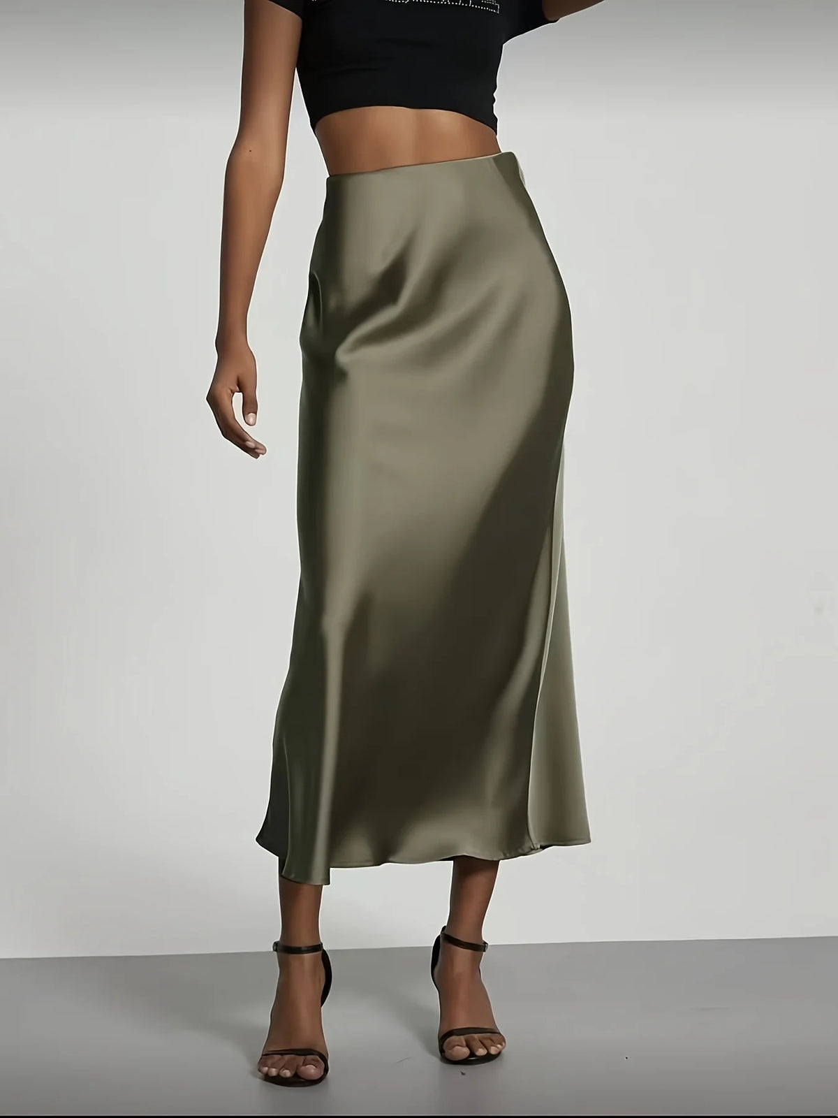 Women'S Satin Midi Skirt, High‑Waisted Slim Straight, Elegant Draping, Mature Versatile for Commute, Vacation & Parties
