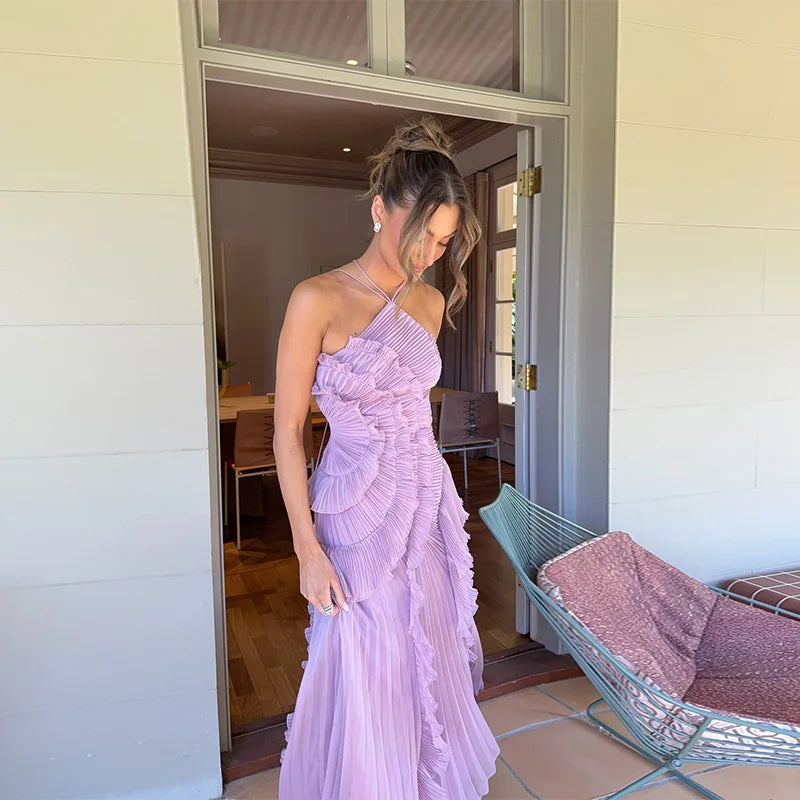 Chic Pleated Halter Neck Long Vacation Dress High Quality Purple Strapless Lotus Edge Maxi Dress 2026 New Lady Vacation Gowns