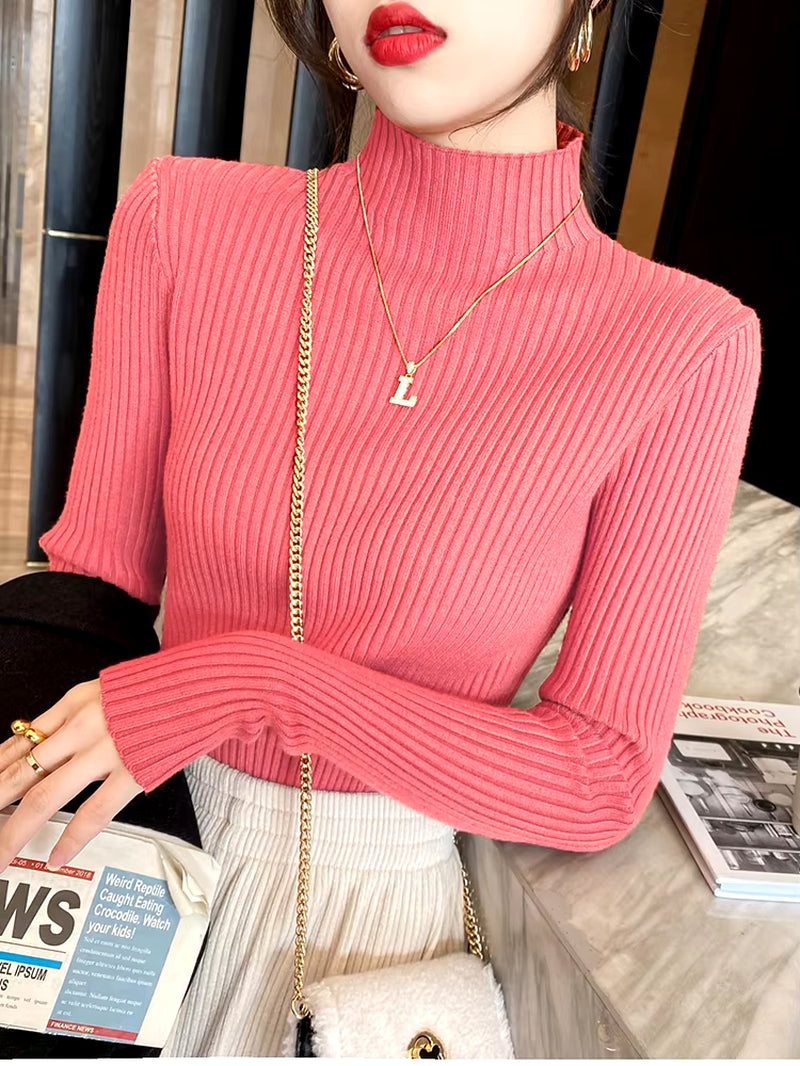 Elegant Solid Basic Knitted Tops Women Turtlneck Sweater Long Sleeve Casual Slim Pullover Korean Fashion Simple Chic Clothes